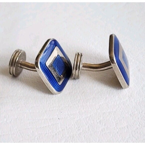 Cufflinks Genuine Charles Tyrwhitt Blue Enameled Silver-Plated Square Made in UK - Picture 3 of 5